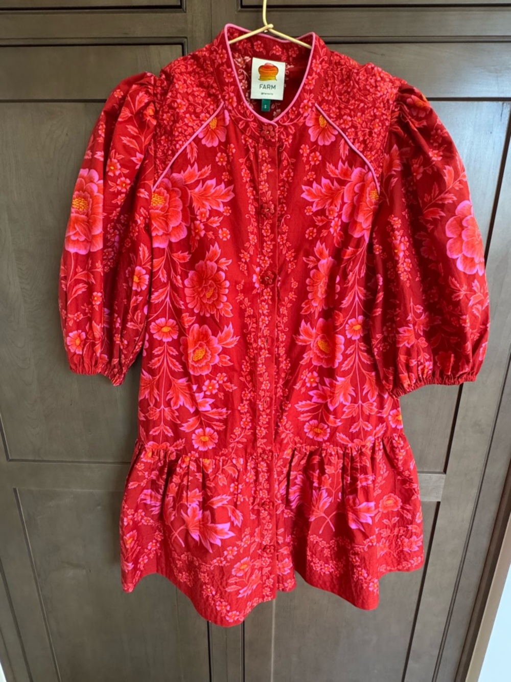 FARM Rio Pink and Red Floral Button-Front Mini Dress